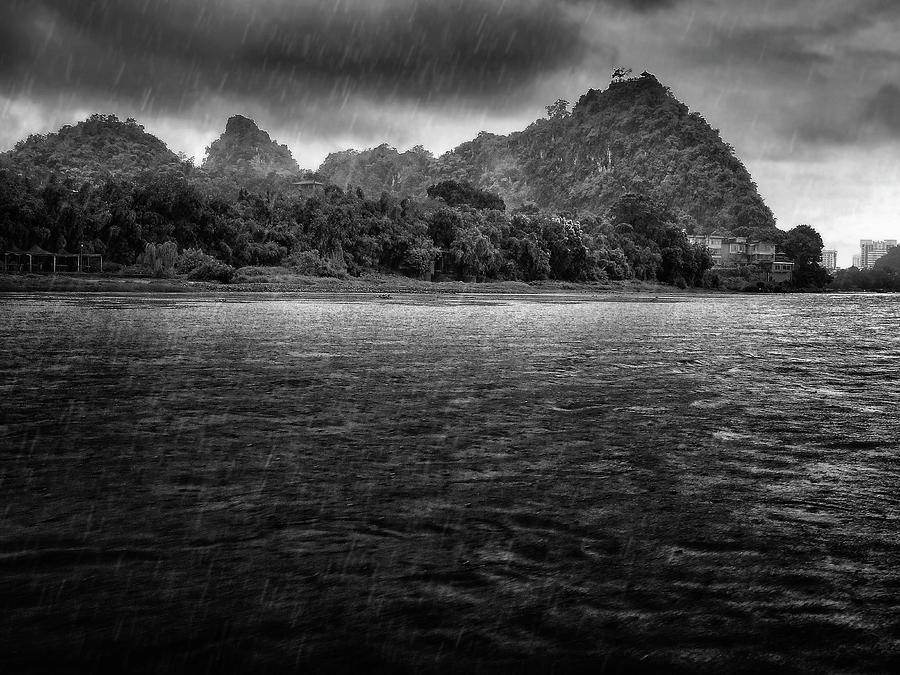 Lijiang River boat tour in the rain-ArtToPan-China Guilin scenery-Black and white photograph #3 Photograph by Artto Pan