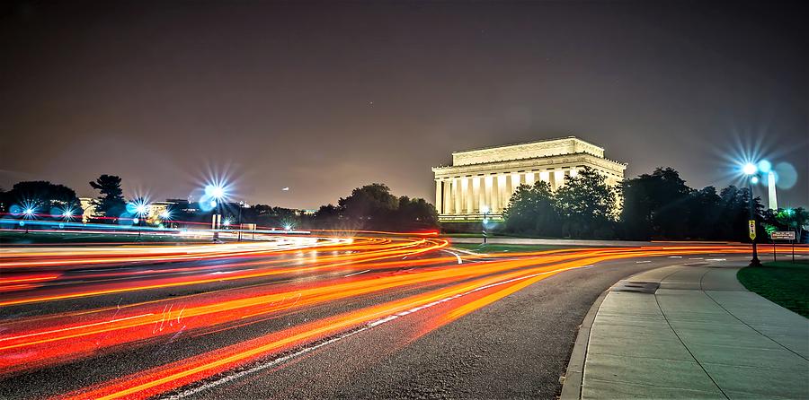Lincoln Memorial Monument With Car Trails At Night Photograph