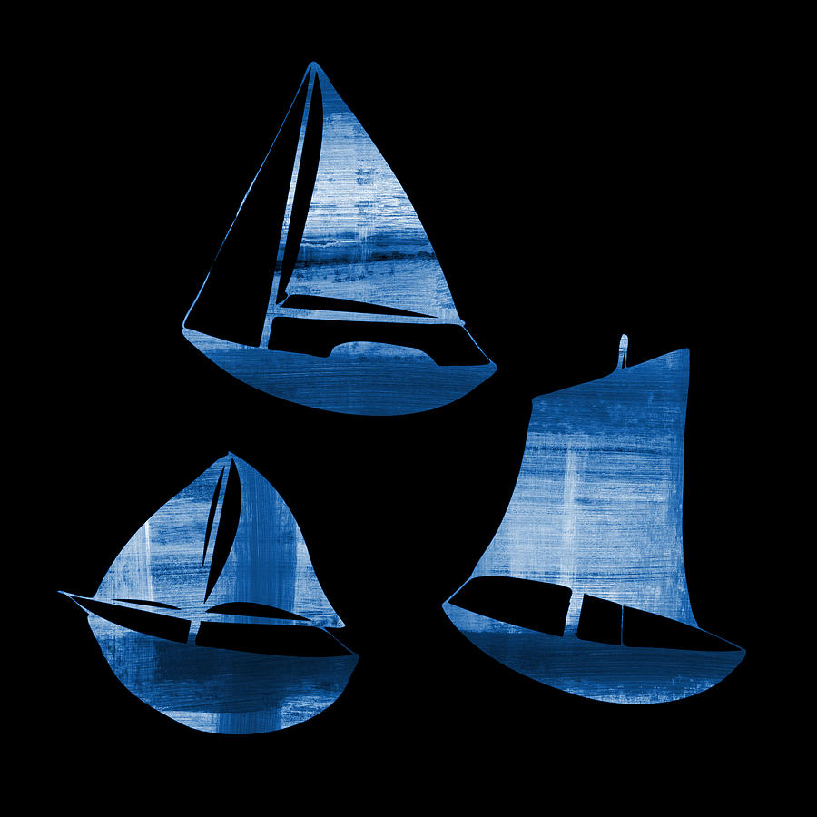 3 Little Blue Sailing Boats Painting by Frank Tschakert