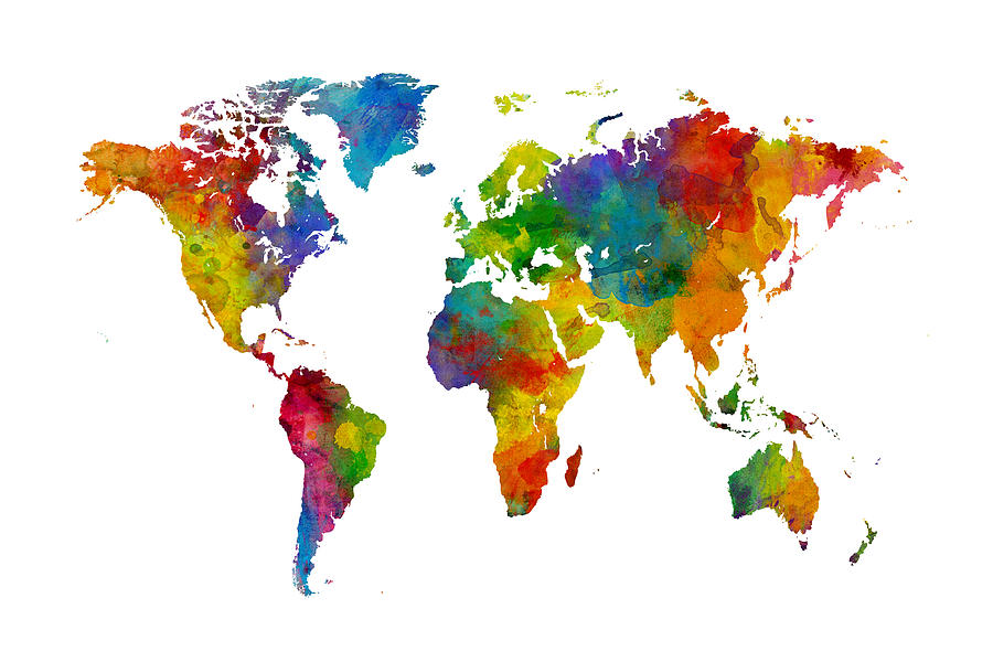 Map of the World Map Watercolor #3 Digital Art by Michael Tompsett