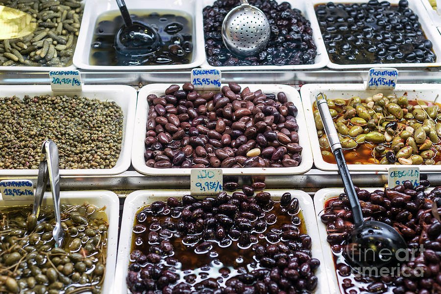 Mixed Olive Snacks In Market Display Trays Barcelona Spain #3 Photograph by JM Travel Photography