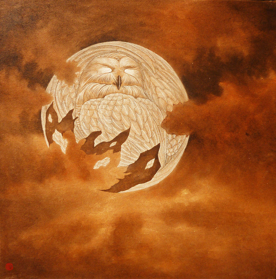 Owl Painting - Moon with Snow Owl-9 by Chien-yu Chen