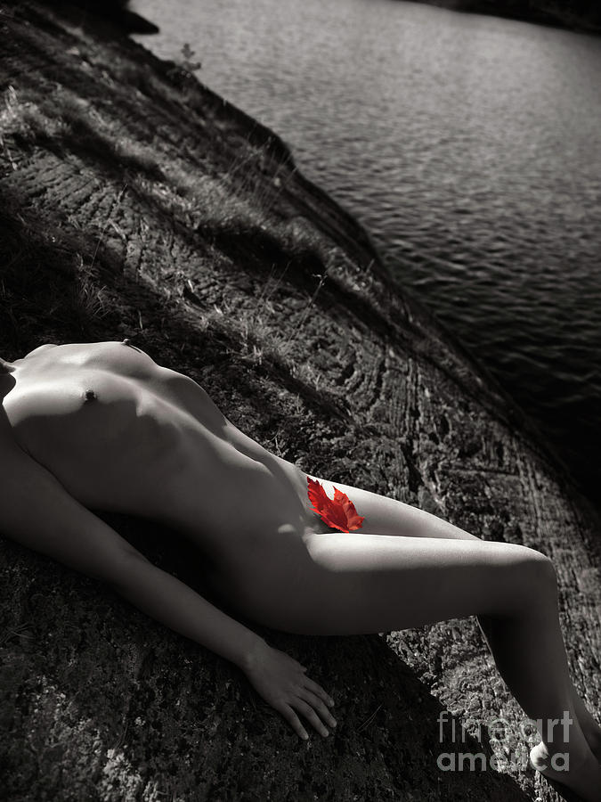 Nature Photograph - Nude Woman Lying on Rocks by the Water #3 by Maxim Images Exquisite Prints