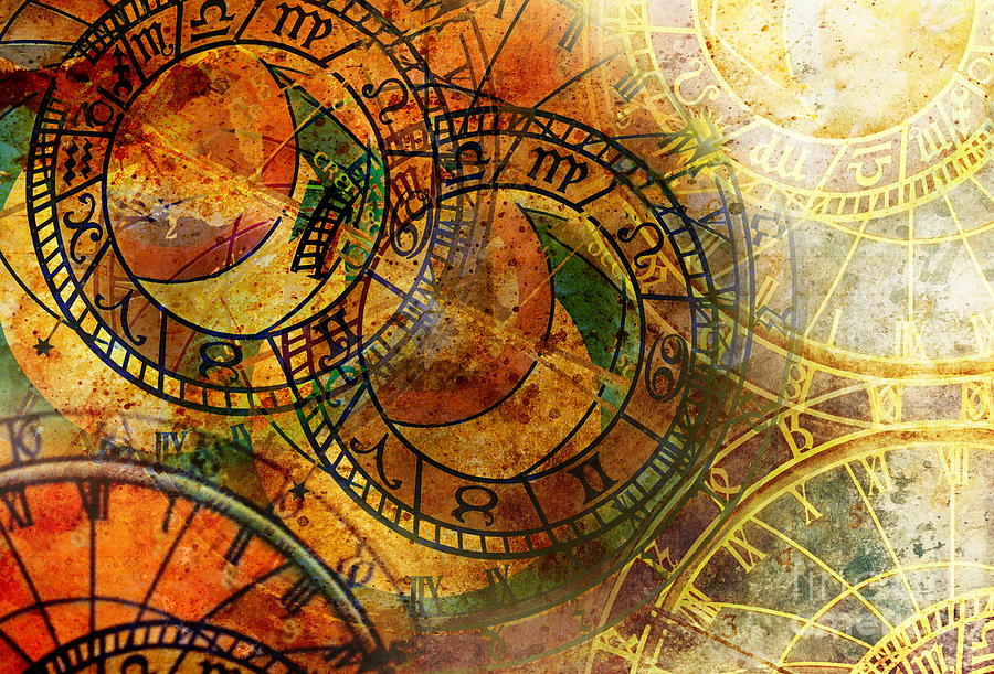 Old clock and zodiac collage. Abstract color background. Digital Art by ...