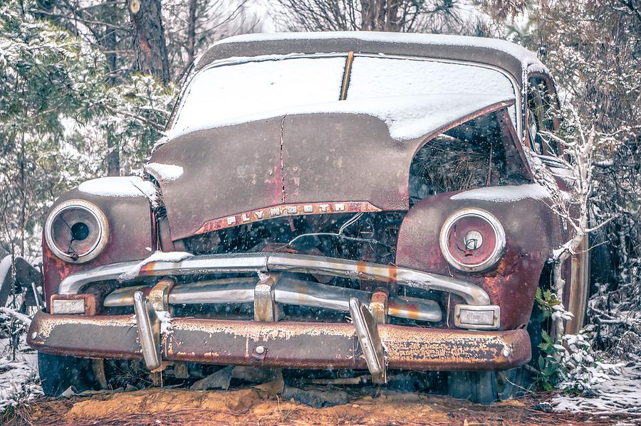Old Vintage Plymouth Automobile In The Woods Covered In Snow #3 Photograph by Alex Grichenko