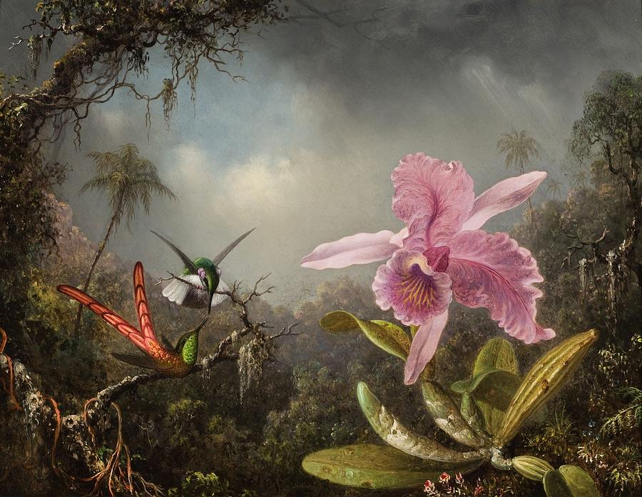 Orchid With Two Hummingbirds Painting