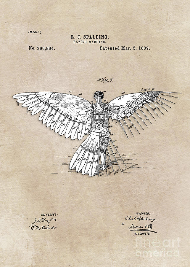 patent art Spalding Flying Machine 1889 #3 Digital Art by Justyna Jaszke JBJart