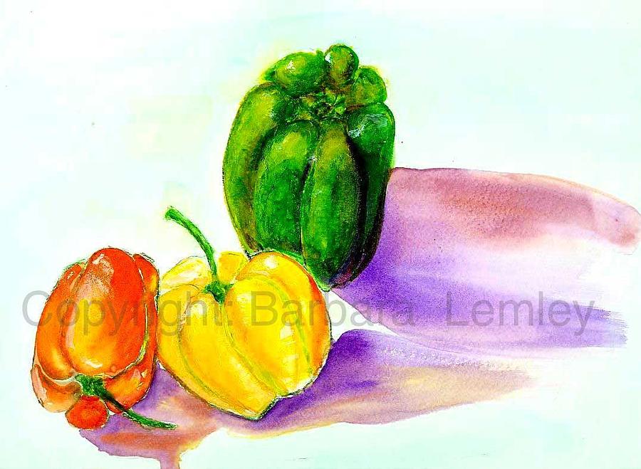 3 Peppers Painting by Barbara Lemley