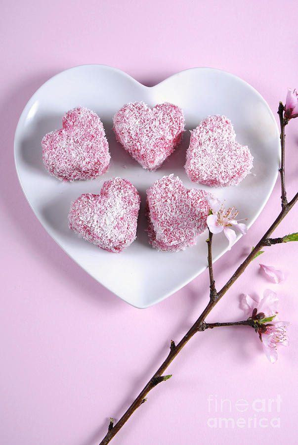 Pink heart shape small lamington cakes #3 Photograph by Milleflore Images