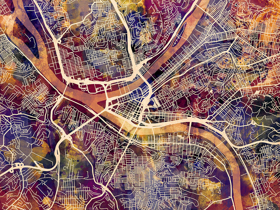 Pittsburgh Digital Art - Pittsburgh Pennsylvania Street Map #3 by Michael Tompsett
