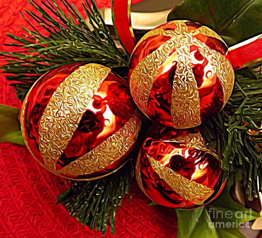 3 Red and Gold Ornaments Pine Needles Expressionist Effect Photograph by Rose Santuci-Sofranko