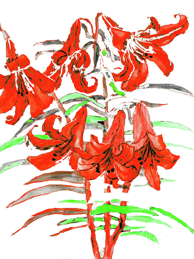 Red lilies, hand drawn painting #3 Painting by Irina Afonskaya