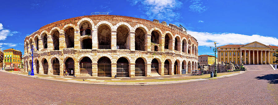 Roman amphitheatre Arena di Verona and Piazza Bra square panoram #3 Photograph by Brch Photography