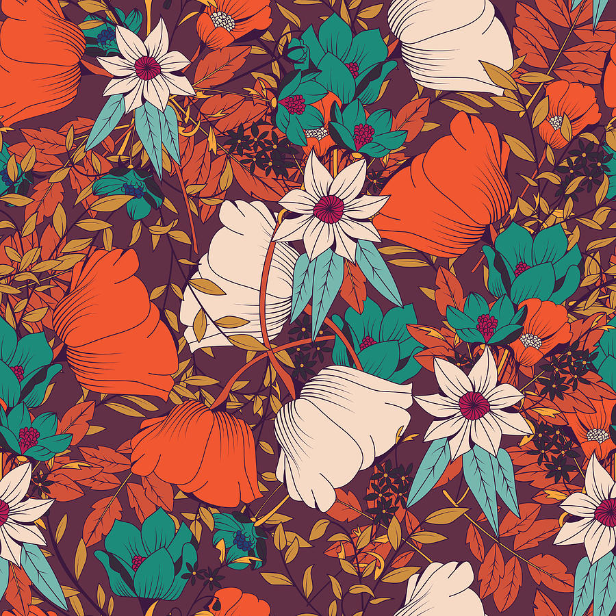 Seamless pattern design with hand drawn flowers and floral eleme ...