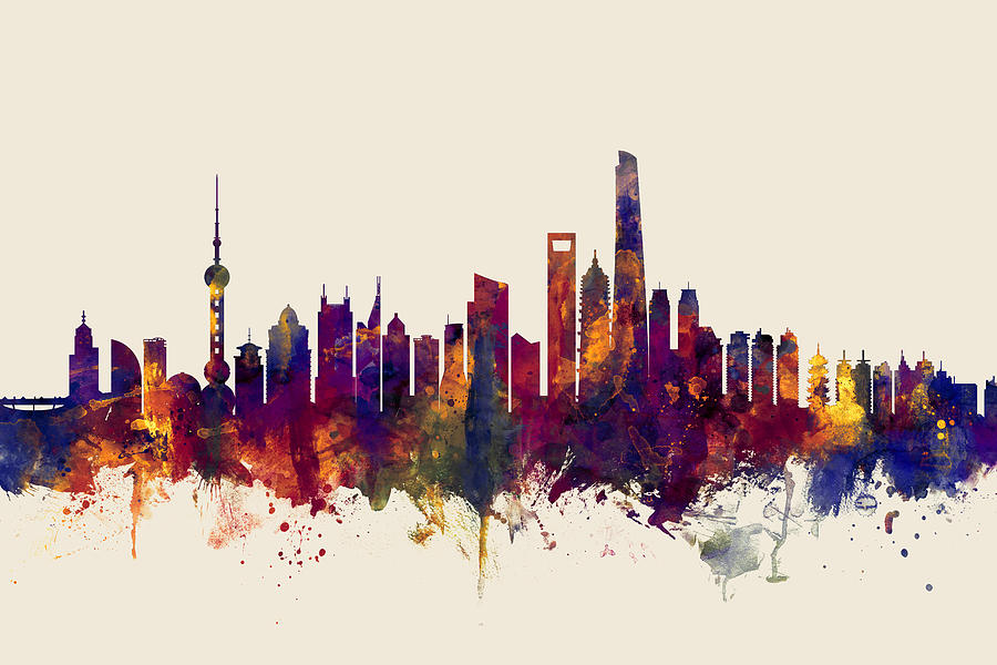 Shanghai Digital Art - Shanghai China Skyline #3 by Michael Tompsett