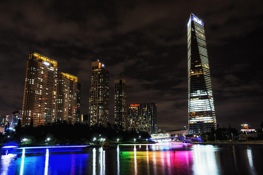 Nature Photograph - Songdo Canal night reflection #3 by Aaron Choi