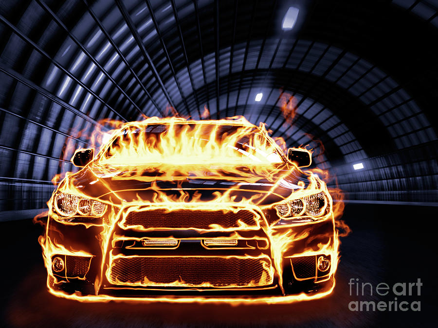 Sports Car in Flames art print Photograph by Maxim Images Exquisite Prints