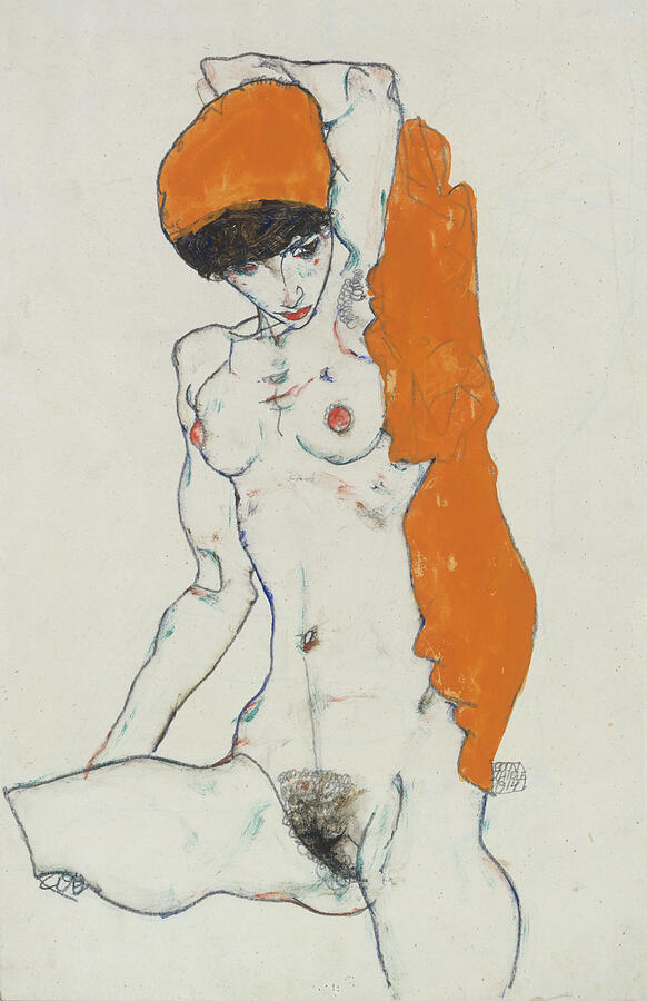 Standing Nude with Orange Drapery, from 1914 Drawing by Egon Schiele