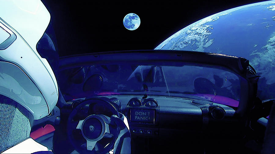 Starman In Tesla Roadster With Planet Earth traveling in the Space #3 Painting by Celestial Images