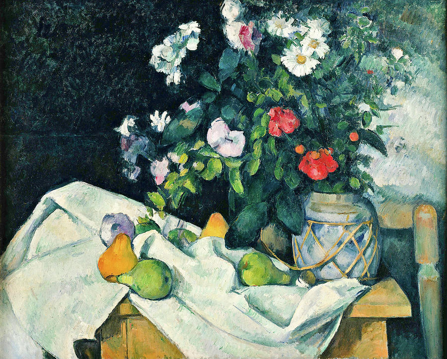 Flower Painting - Still Life with Flowers and Fruit #3 by Paul Cezanne
