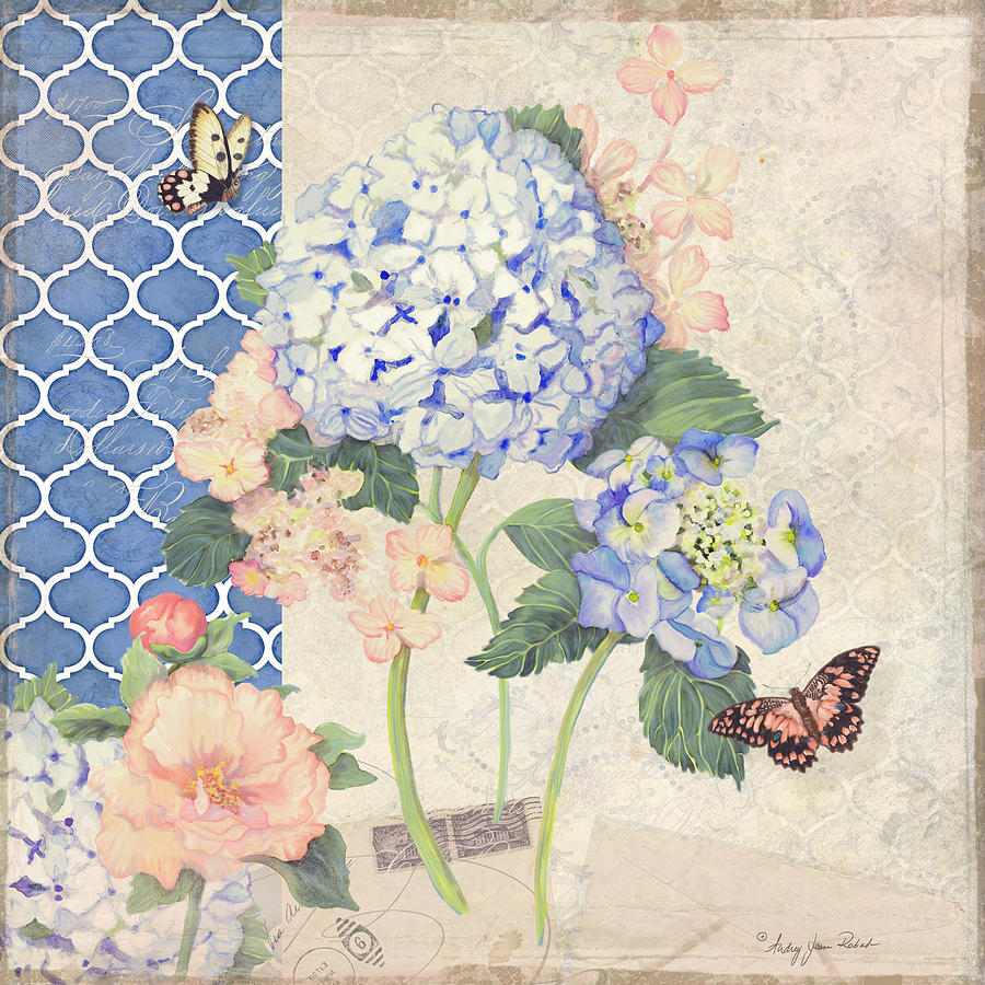 Summer Memories - Blue Hydrangea N Butterflies #3 Painting by Audrey Jeanne Roberts