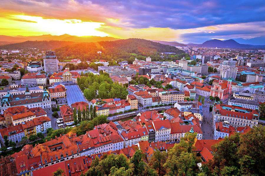 Sunset above Ljubljana aerial view #3 Photograph by Brch Photography
