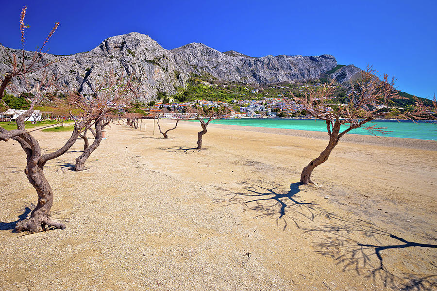Town of Omis sand beach and Biokovo mountain coastline view #3 Photograph by Brch Photography