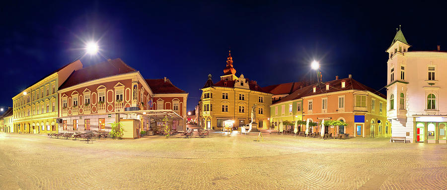 Town of Ptuj historic main square panoramic evening view #3 Photograph by Brch Photography