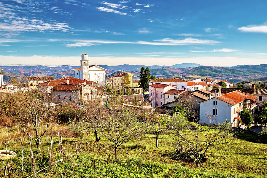 Town of Vizinada church and skyline above istrian landscape view #3 Photograph by Brch Photography