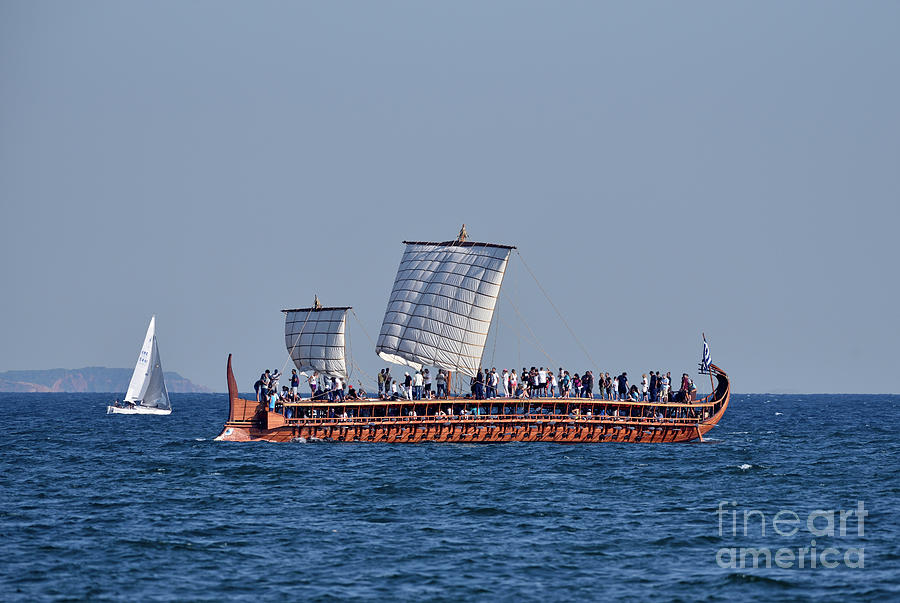 Trireme Olympias sailing with open sails #3 Photograph by George Atsametakis