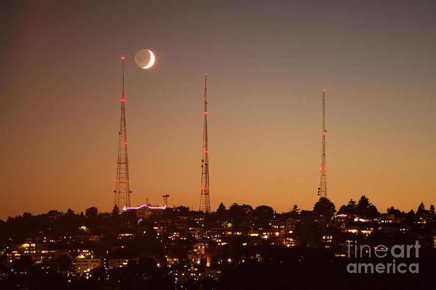 TV towers at Sunset with Crescent Moon  #3 Photograph by Jim Corwin