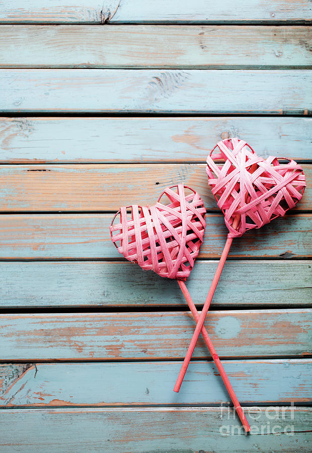 Two hearts on wooden background #3 Photograph by Kati Finell