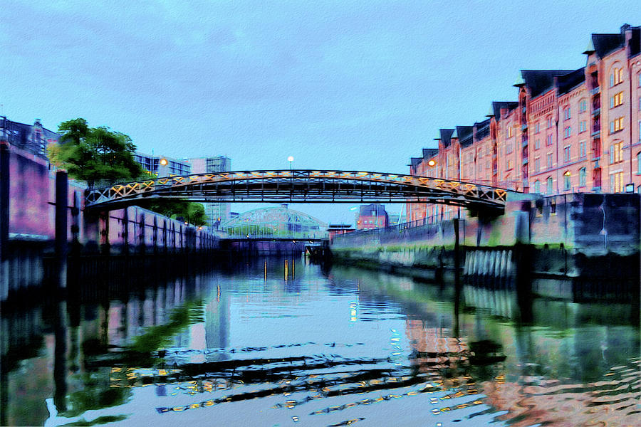 View from the water around the river Alster and Elbe, waterfront and warehouse district in Hamburg #3 Digital Art by Gina Koch
