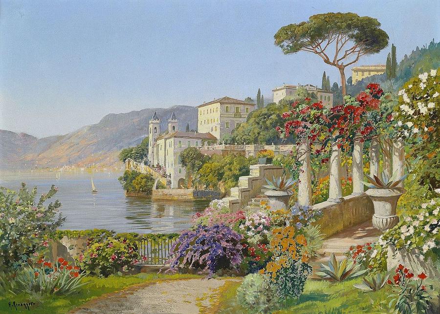 View of a Lake in the South Painting by Alois Arnegger