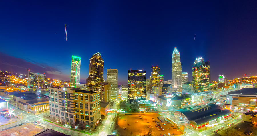View Of Charlotte Skyline Aerial At Sunset #3 Photograph by Alex Grichenko