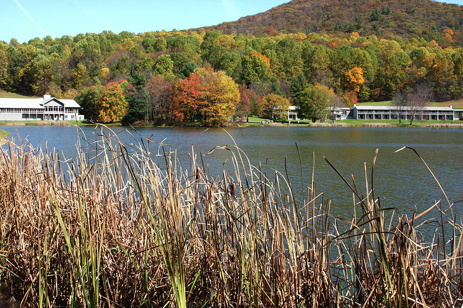 View of Peaks of Otter lodge and Abbott Lake  in autumn #3 Photograph by Emanuel Tanjala