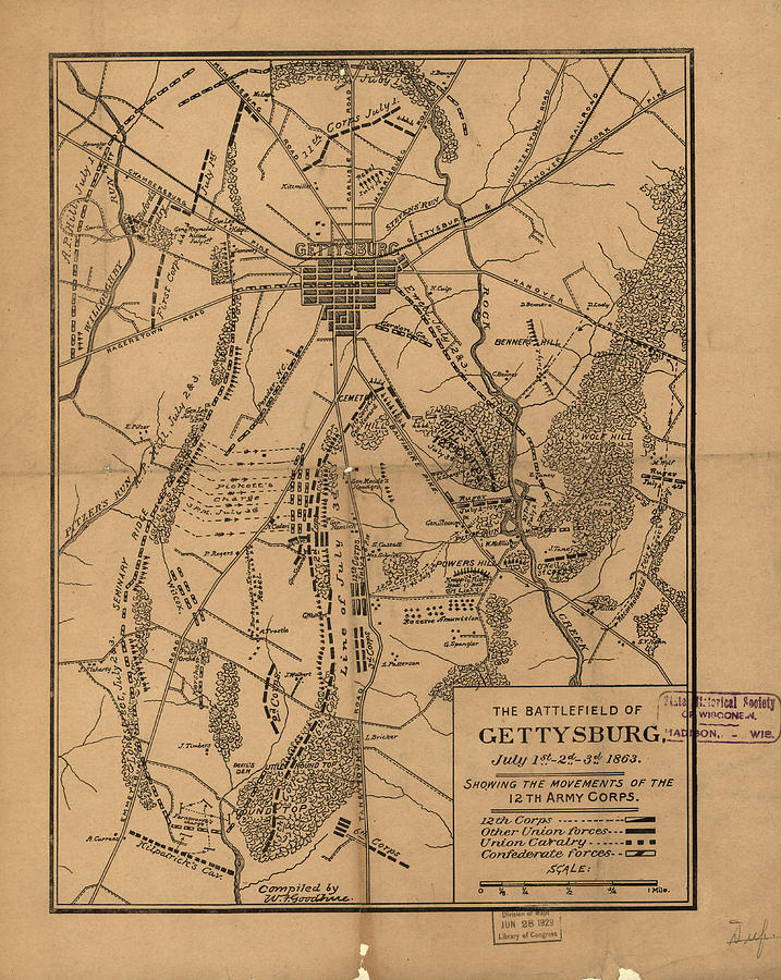 Vintage Map Of The Gettysburg Battlefield - 1863 Drawing