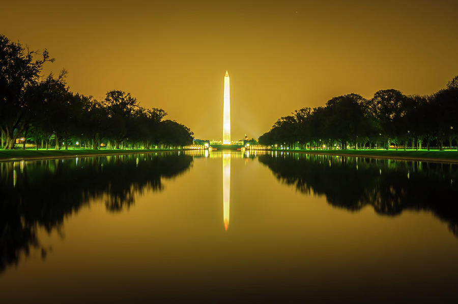 Washington Memorial Tower Reflecting In Reflective Pool At Sunse #3 Photograph by Alex Grichenko