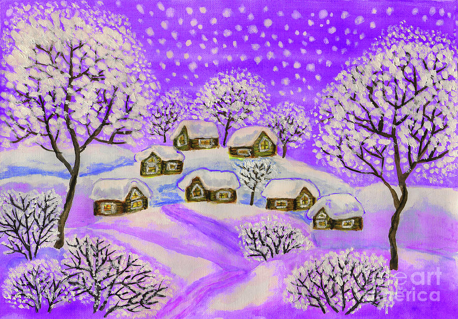 Winter landscape in purple colours, painting #3 Painting by Irina Afonskaya