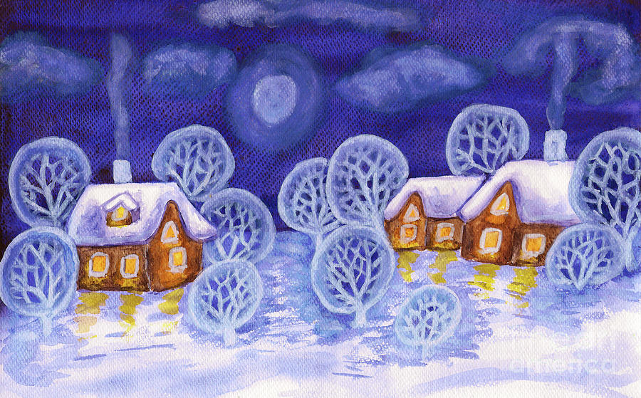 Winter landscape in violet colours, painting #3 Painting by Irina Afonskaya