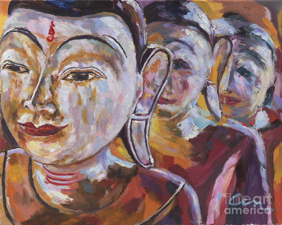 3 Wooden Buddhas Painting by Michael Cinnamond