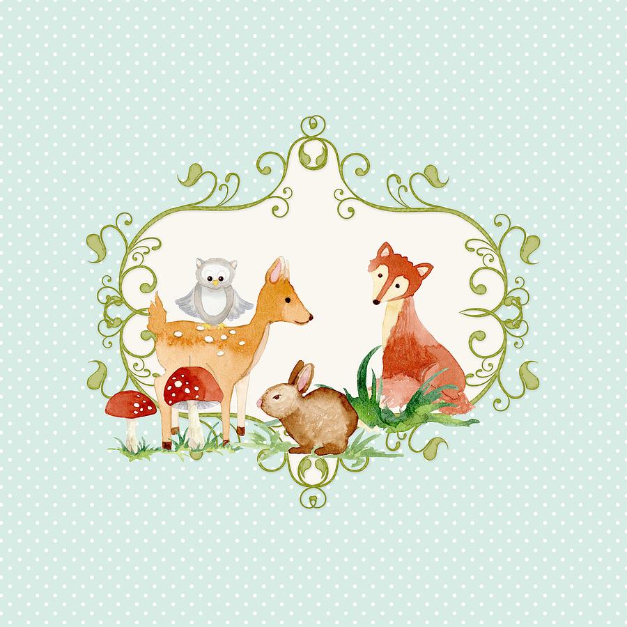 Woodland Fairytale - Animals Deer Owl Fox Bunny n Mushrooms Painting by Audrey Jeanne Roberts