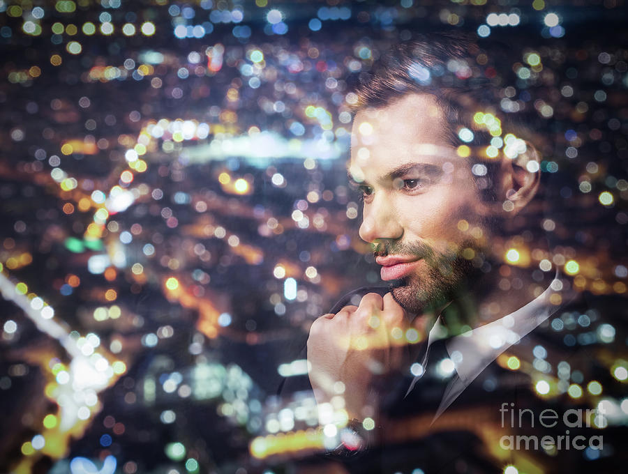 Young businessman thinking. Double exposure city background. #3 Photograph by Michal Bednarek