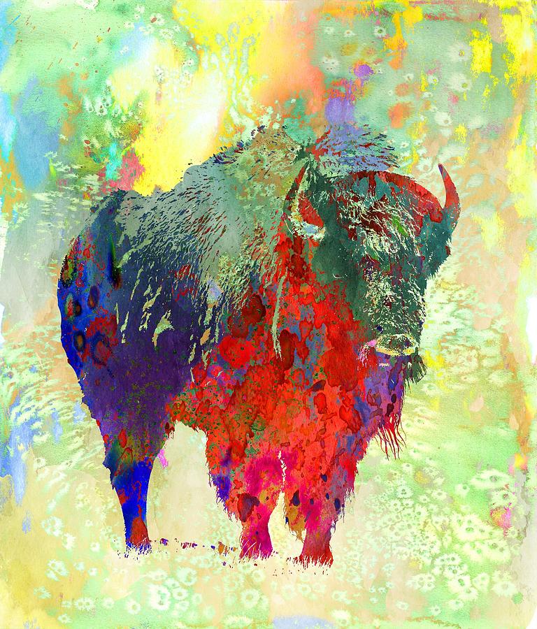 Bison - Colorful Animal Digital Art by Michael Vicin