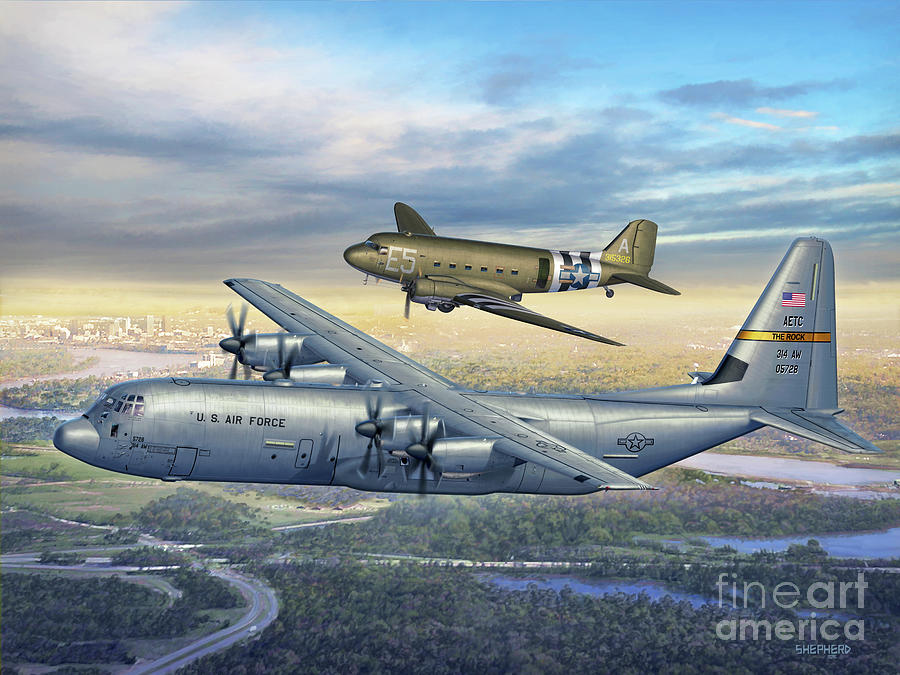 314th AW Legacy - C-130J and C-47 Digital Art by Stu Shepherd