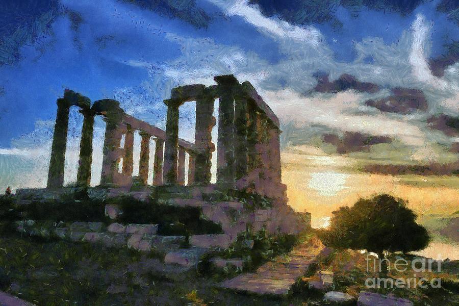 Temple of Poseidon during sunset #4 Painting by George Atsametakis
