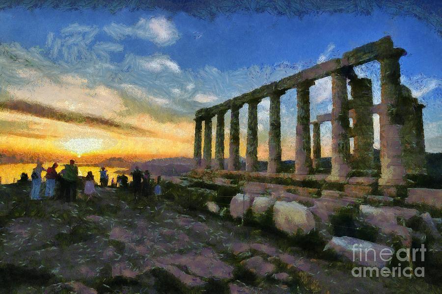 Temple of Poseidon during sunset #3 Painting by George Atsametakis