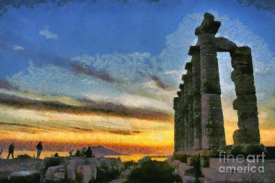 Temple of Poseidon during sunset #2 Painting by George Atsametakis