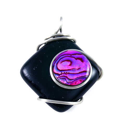 Abstract Mixed Media - 3Fine Design Black Fused Glass -n- Pink Paua Pendant by Tracy Behrends