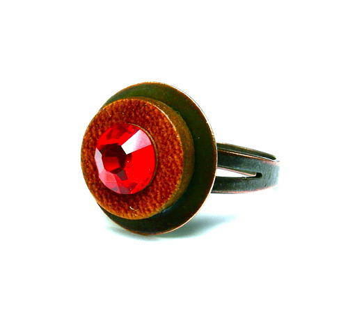 Holiday Mixed Media - 3Fine Design Brass Leather Crystal Adjustable Red Ring by Tracy Behrends